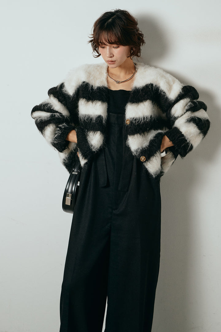 [SET]シャギーボーダー柄ニットカーディガン+ウール混フランネルワイドサロペット(2set)