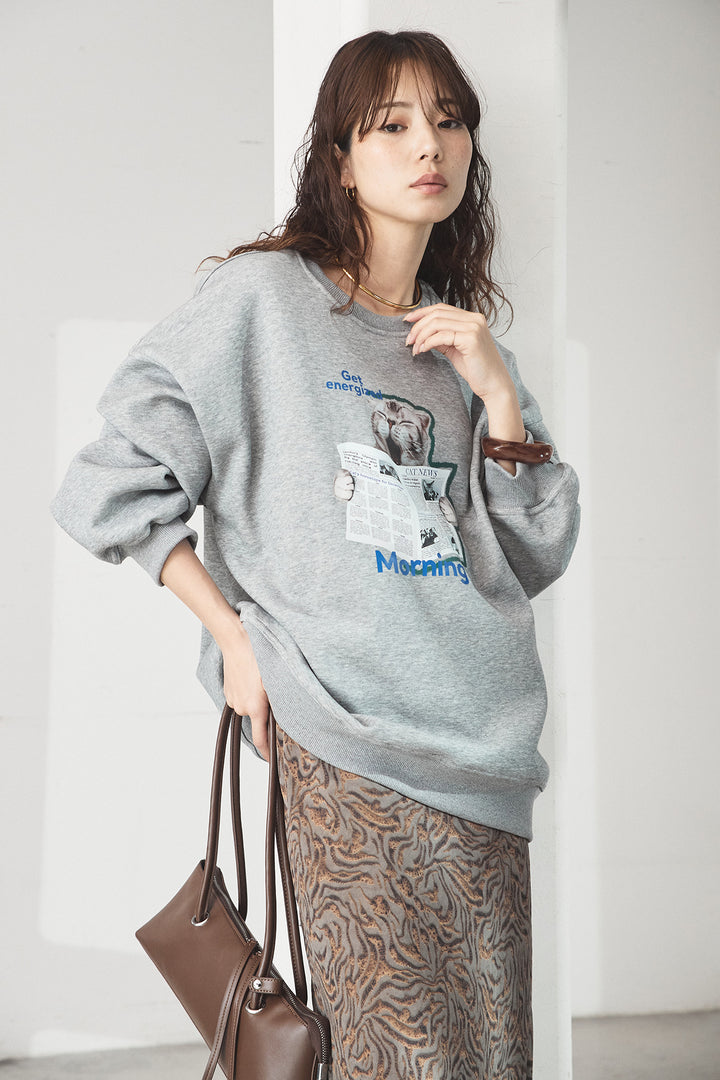 [SET]裏起毛モーニングキャットプリントスウェット+抽象柄ロングスカート(2set)