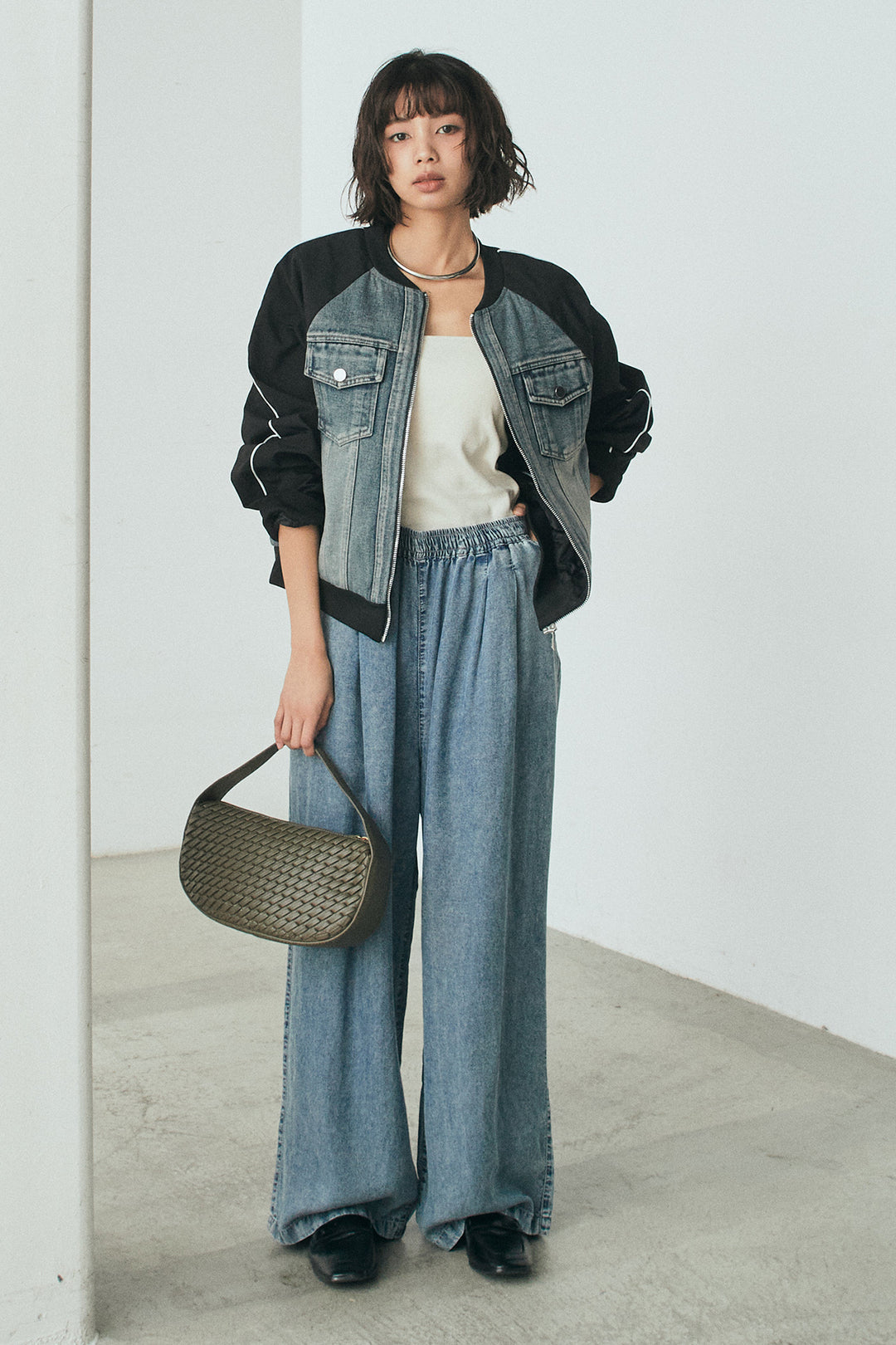 [SET]ナイロンデニムドッキングブルゾン+テンセルデニムイージーワイドパンツ(2set)