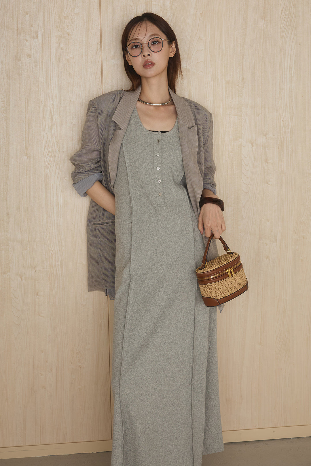 [SET]メッシュテーラードワイドジャケット+ノースリロングワンピース(2set)