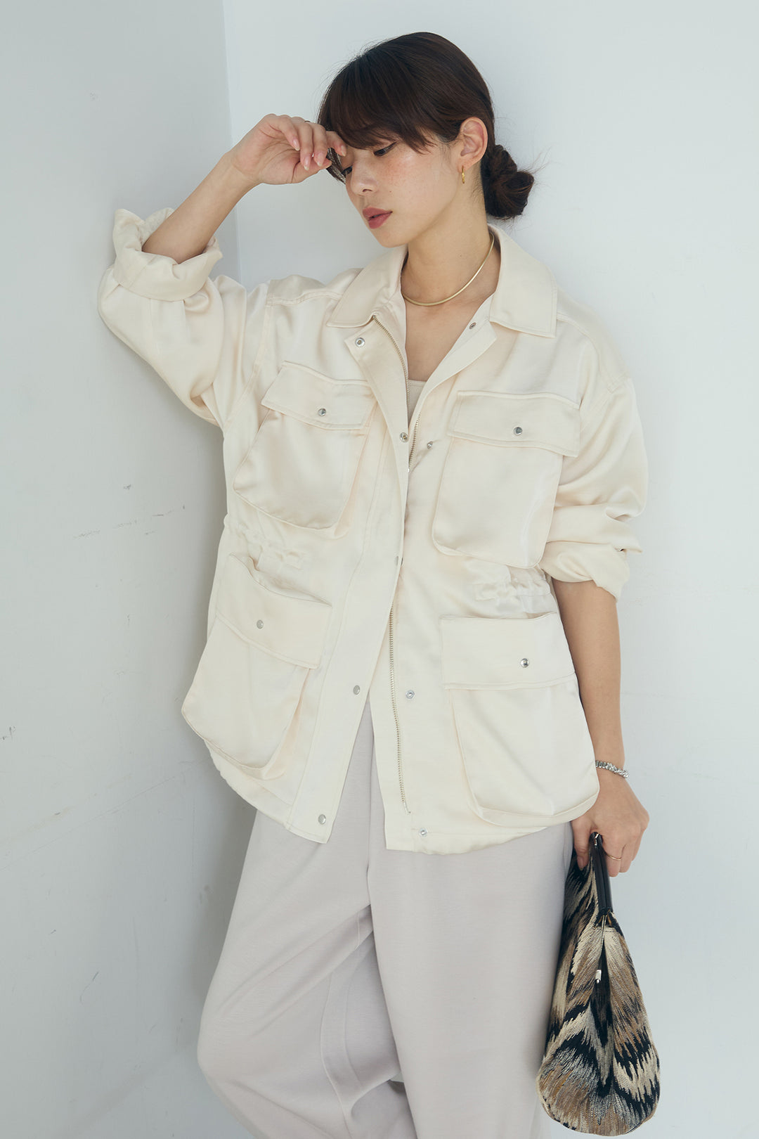 [SET]サテンライトブルゾン+異素材切り替えスウェットパンツ(2set)