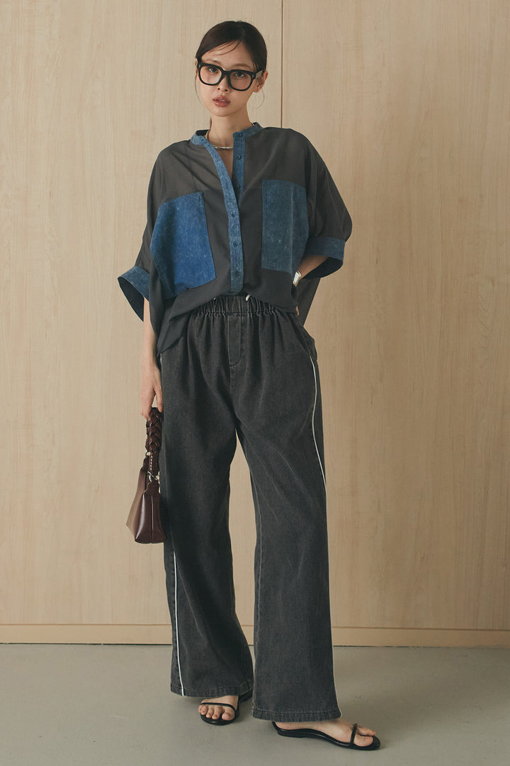 [SET]デニムライクビッグツーポケシアーシャツ+ドロストサイドラインデニムパンツ(2set)