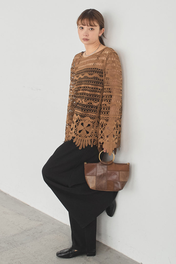 [SET]裾デザインメッシュプルオーバー+ベルト付きツータックワイドパンツ(2set)