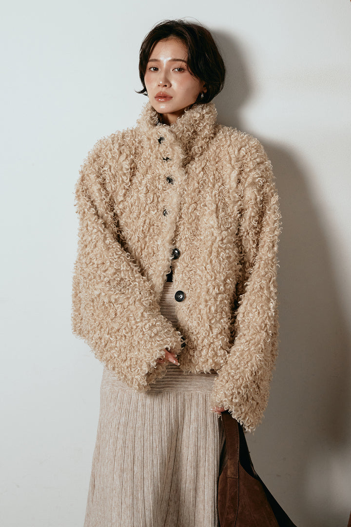 [SET]プードルファーミドルジャケット+編み地切り替えフレアニットスカート(2set)