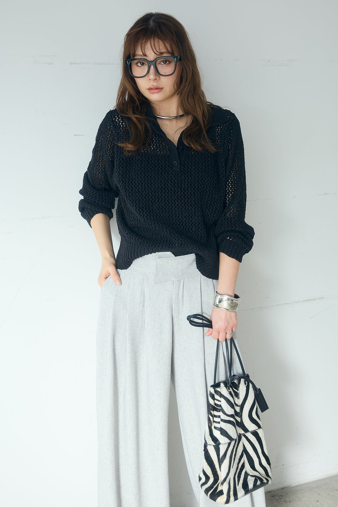 [SET]ミックスメッシュポロニット+麻混タックワイドパンツ(2set)