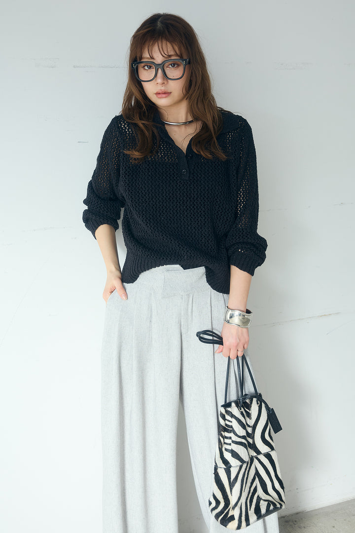[SET]ミックスメッシュポロニット+麻混タックワイドパンツ(2set)