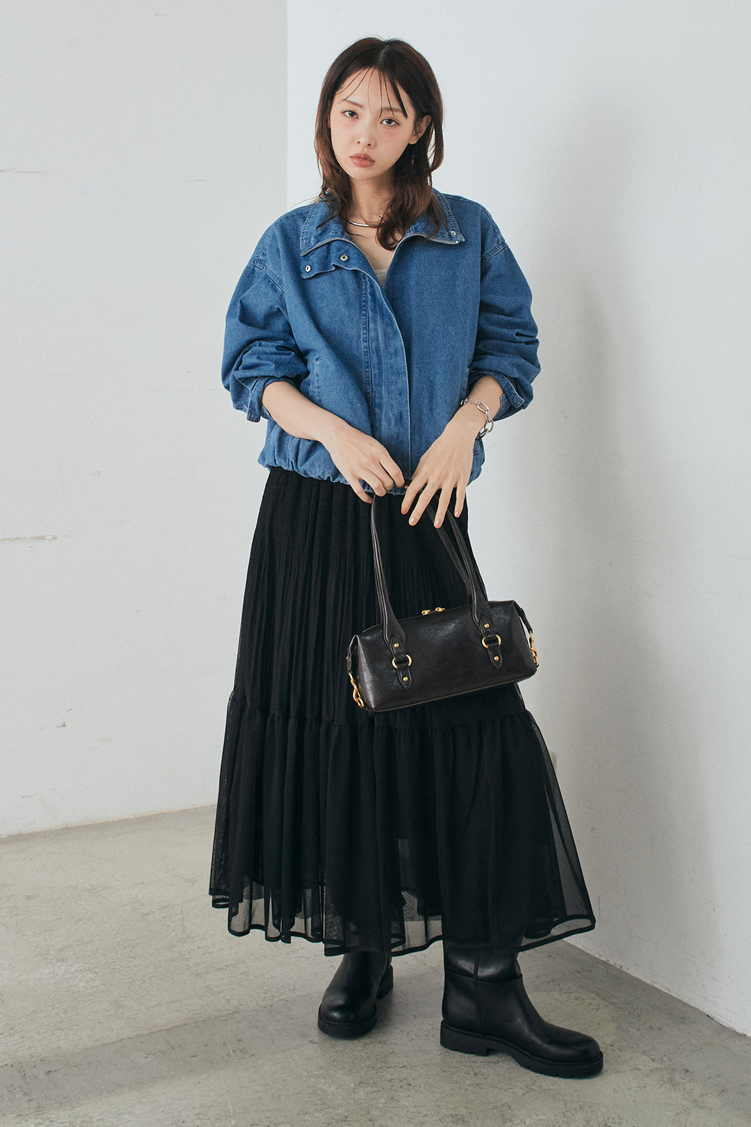 [SET]スタンドカラーデニムブルゾンジャケット+ボリュームシルエットチュールスカート(2set)