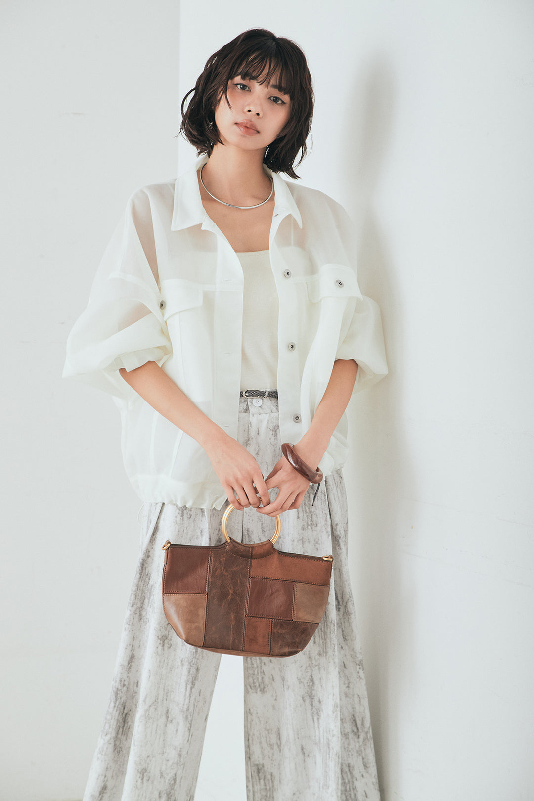 [SET]シアーダンボールサイドドロストジャケット+紐ベルト付きかすれ柄ワイドスラックス(2set)