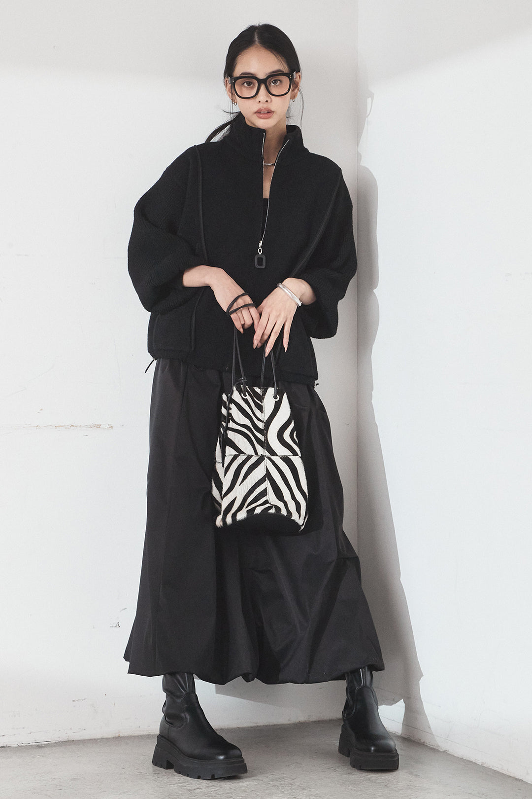 [SET]ハイネックパイピングデザインブルゾン+ランダムタックバルーンスカート(2set)