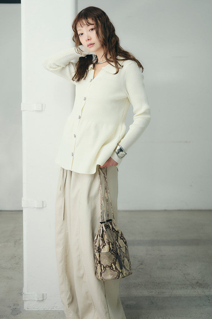 [SET]スキッパーペプラムニット+フェイクレザーカーブワイドパンツ(2set)