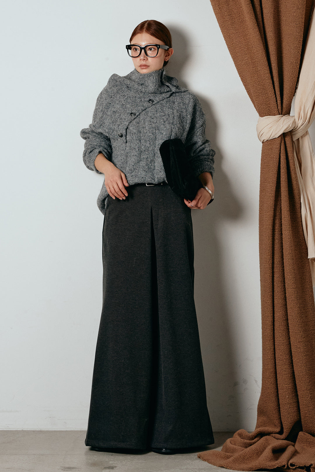 [SET]ケープデザインケーブルニットトップス+ベルト付きフロントタックデザインパンツ(2set)