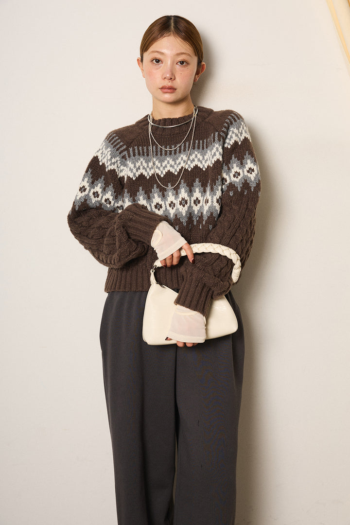 [SET]2WAY求心柄ジャガードショートカーディガン+裏起毛スウェットワイドパンツ(2set)