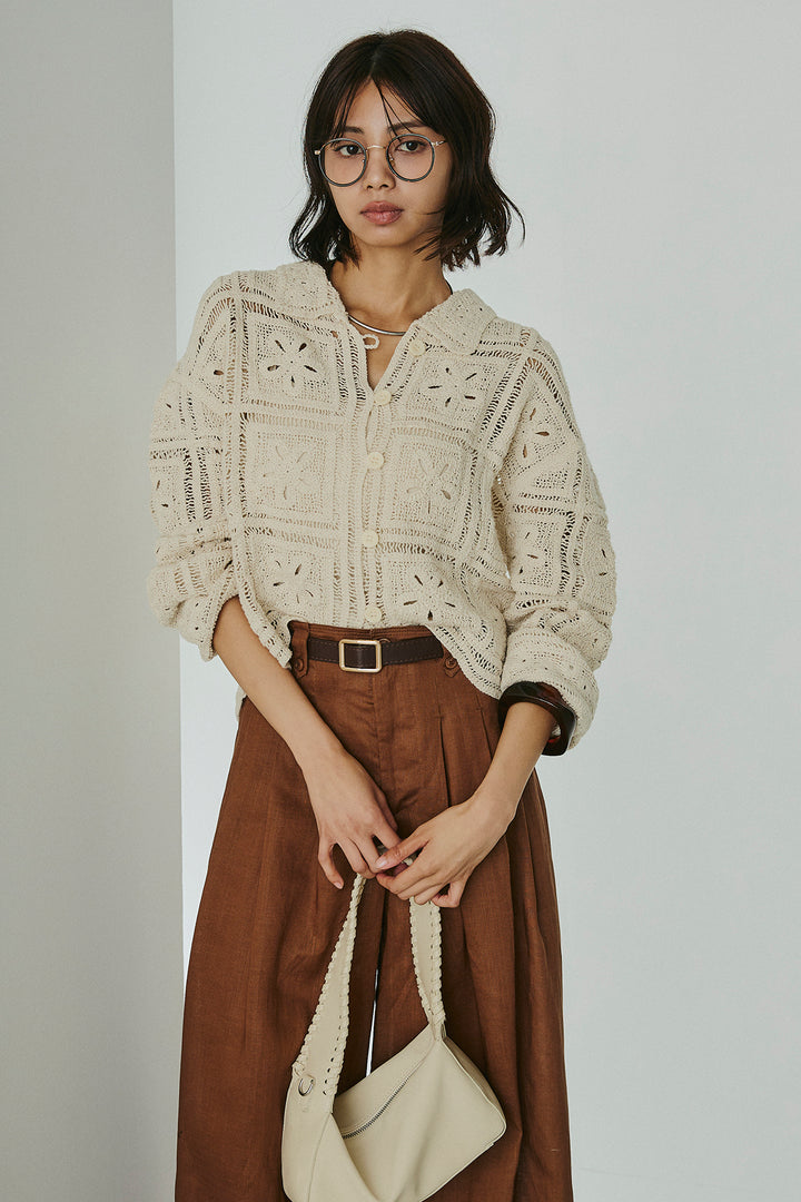 [SET]鍵編みフラワーレースカーディガン+タック入りワイドパンツ(2set)