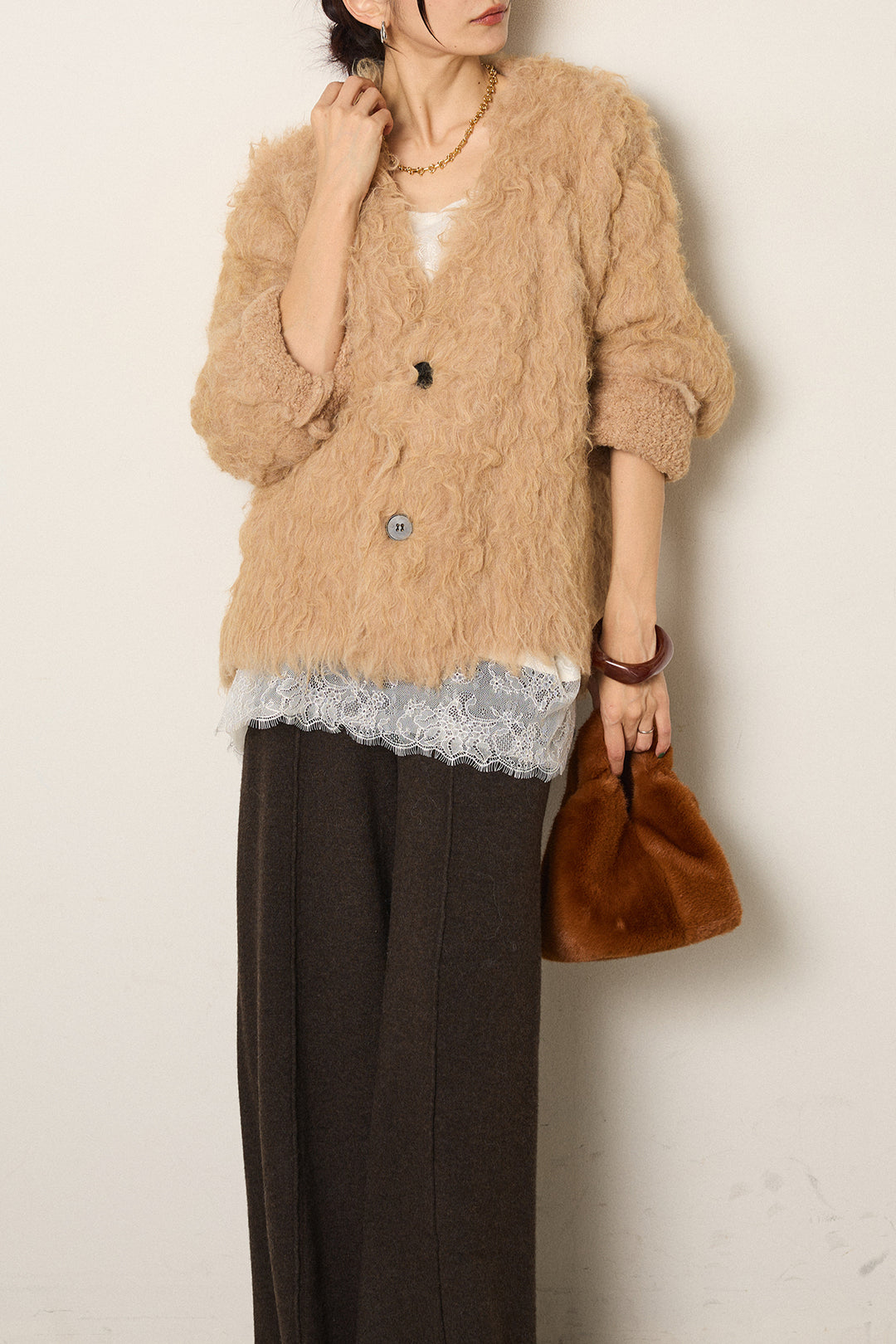 [SET]起毛シャギーニットカーディガン+センターラインニットパンツ+レース切り替えキャミソール(3set)