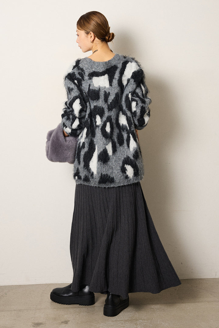 [SET]ルーズアニマルモヘアニットトップス+編み地切り替えフレアニットスカート(2set)