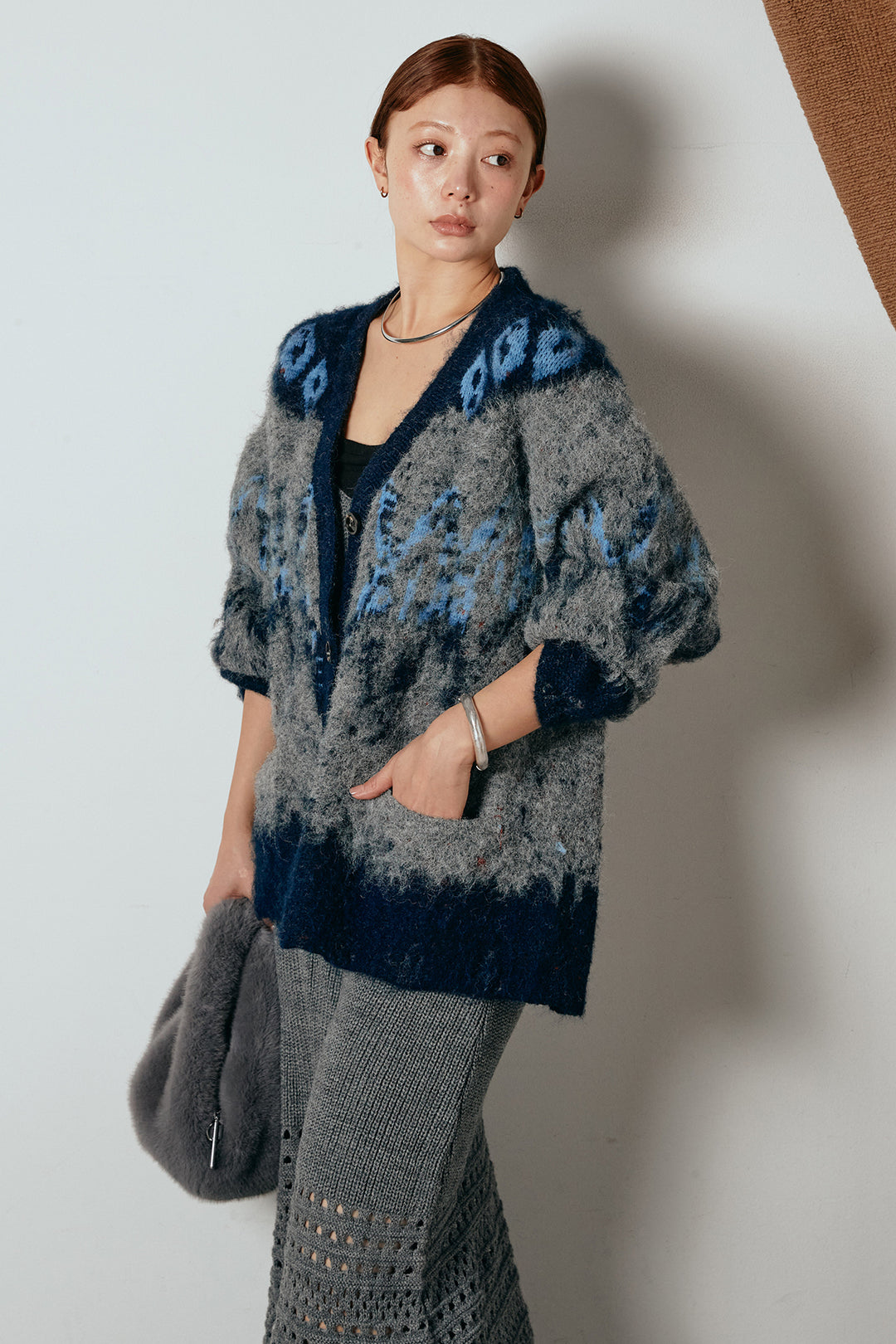 [SET]シャギーニュアンス柄ニットカーディガン+裾透かし編みキャミソールニットワンピース(2set)