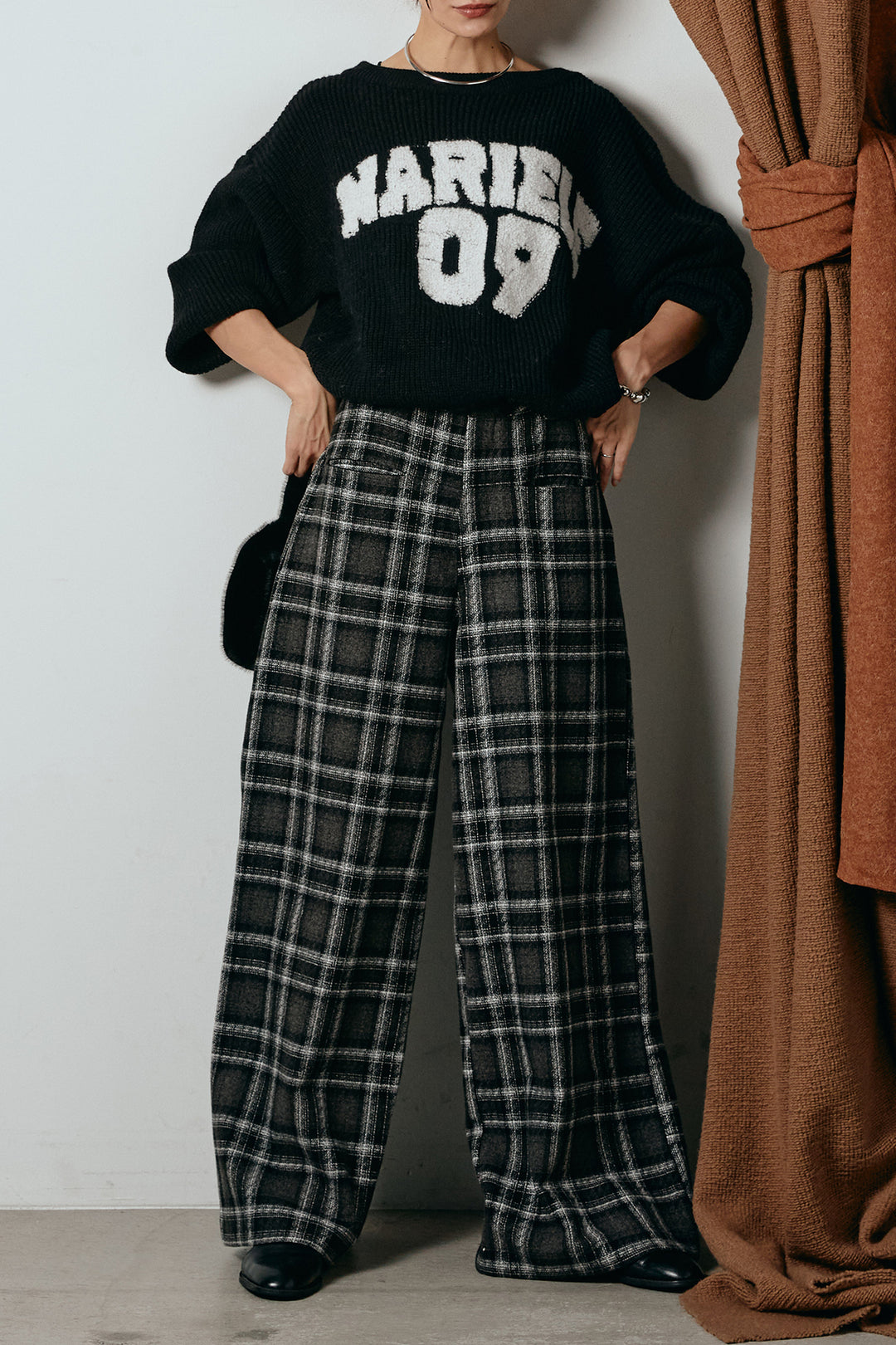 [SET]ロゴジャガードニットトップス+ルーズタータンチェックワイドパンツ(2set)