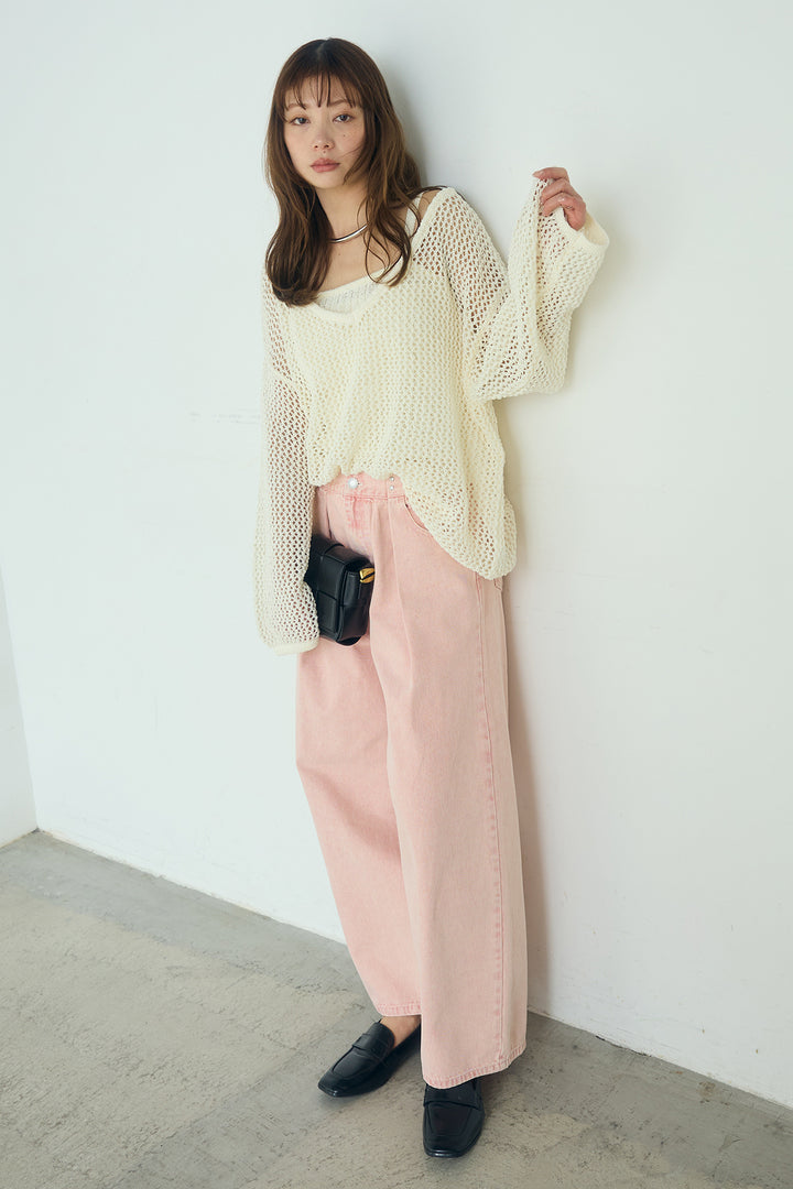 [SET]メッシュ編みビスチェセットVネックプルオーバー+カラーデニムタックカーブパンツ(2set)
