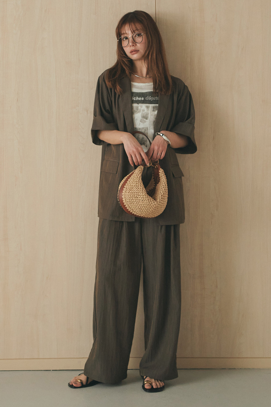 [SET]リネンライクテーラードハーフスリーブジャケット+リネンライク2タックワイドパンツ(2set)