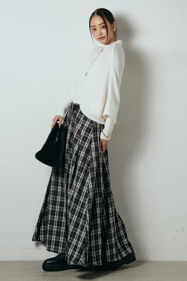 [SET]ポンチョシルエット透かしニットトップス+ベルト付きタータンチェックプリーツスカート(2set)