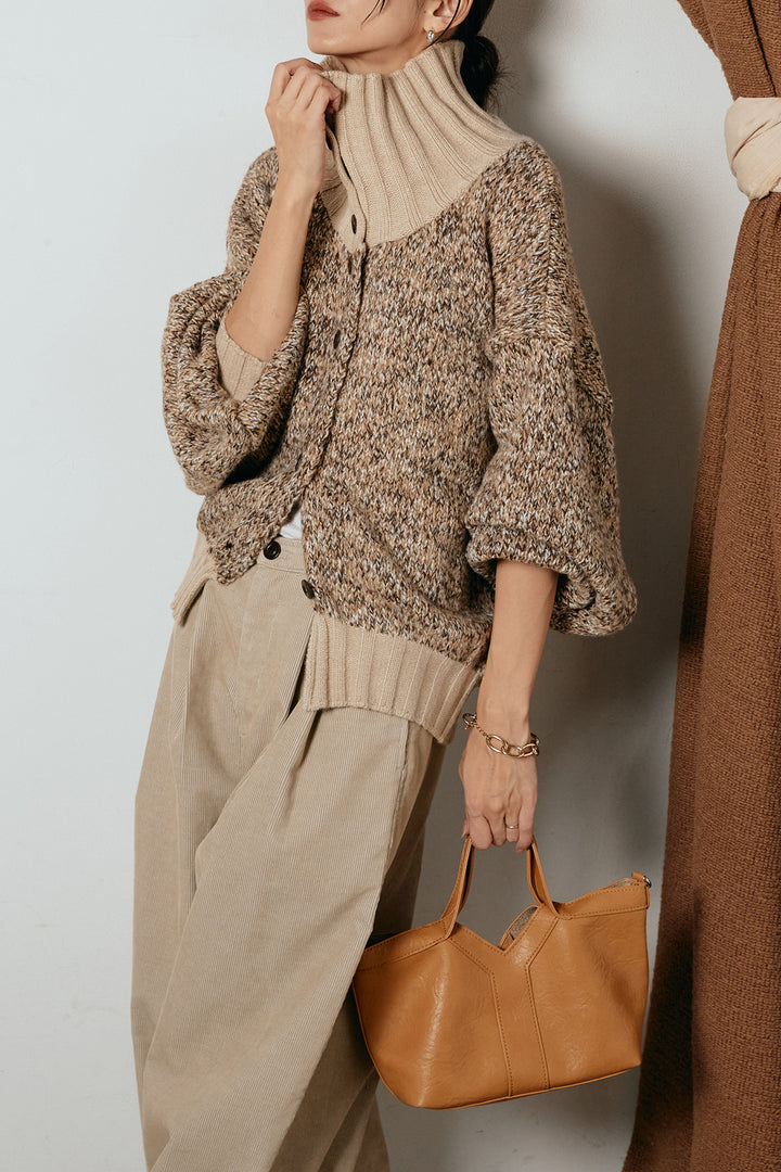 [SET]ハイネックミックスニットカーディガン+フロントタック入りコーデュロイパンツ(2set)