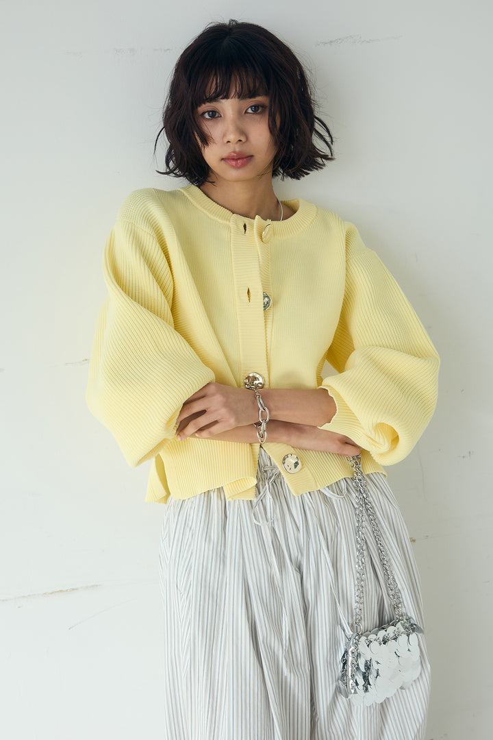 [SET]スポンディッシュBIGボタンクルーネックカーディガン+ランダムストライプタックギャザーパンツ(2set)