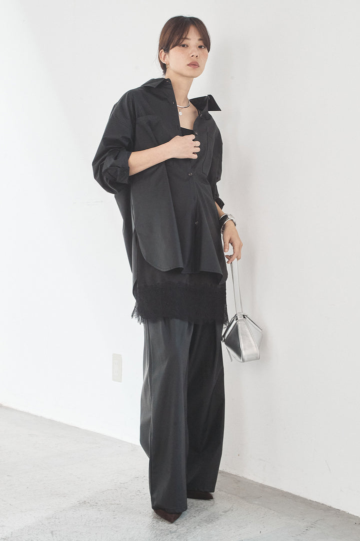 [SET]ウォッシャブルエコレザービックカフスシャツ+ウォッシャブルエコレザータックパンツ(2set)