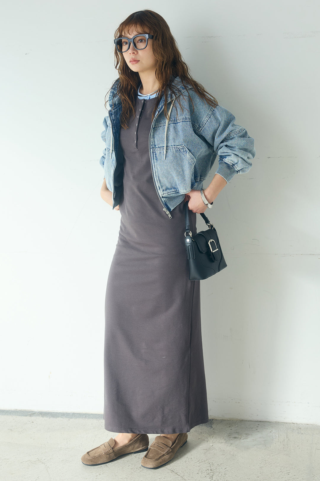 [SET]デニムダブルジップパーカーブルゾン+レイヤード見えヘンリーネックロングワンピース(2set)
