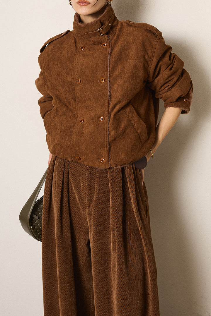 [SET]スタンド襟スウェードライクアウター+ベルトループコーデュロイワイドパンツ(2set)