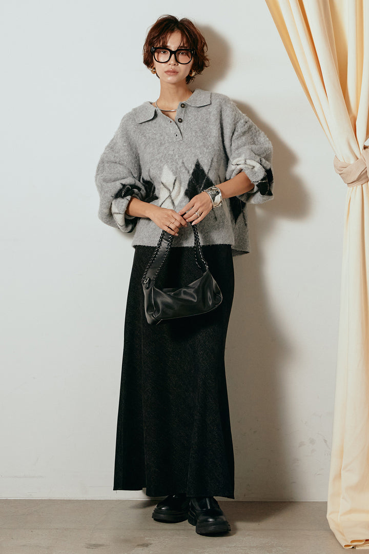 [SET]アーガイル柄ポロニットトップス+スウェードライクロングスカート(2set)