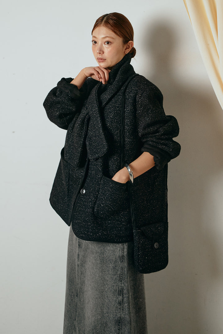 [SET]ノーカラーマフラーバッグ付きアウター+デニムロングフレアスカート(2set)