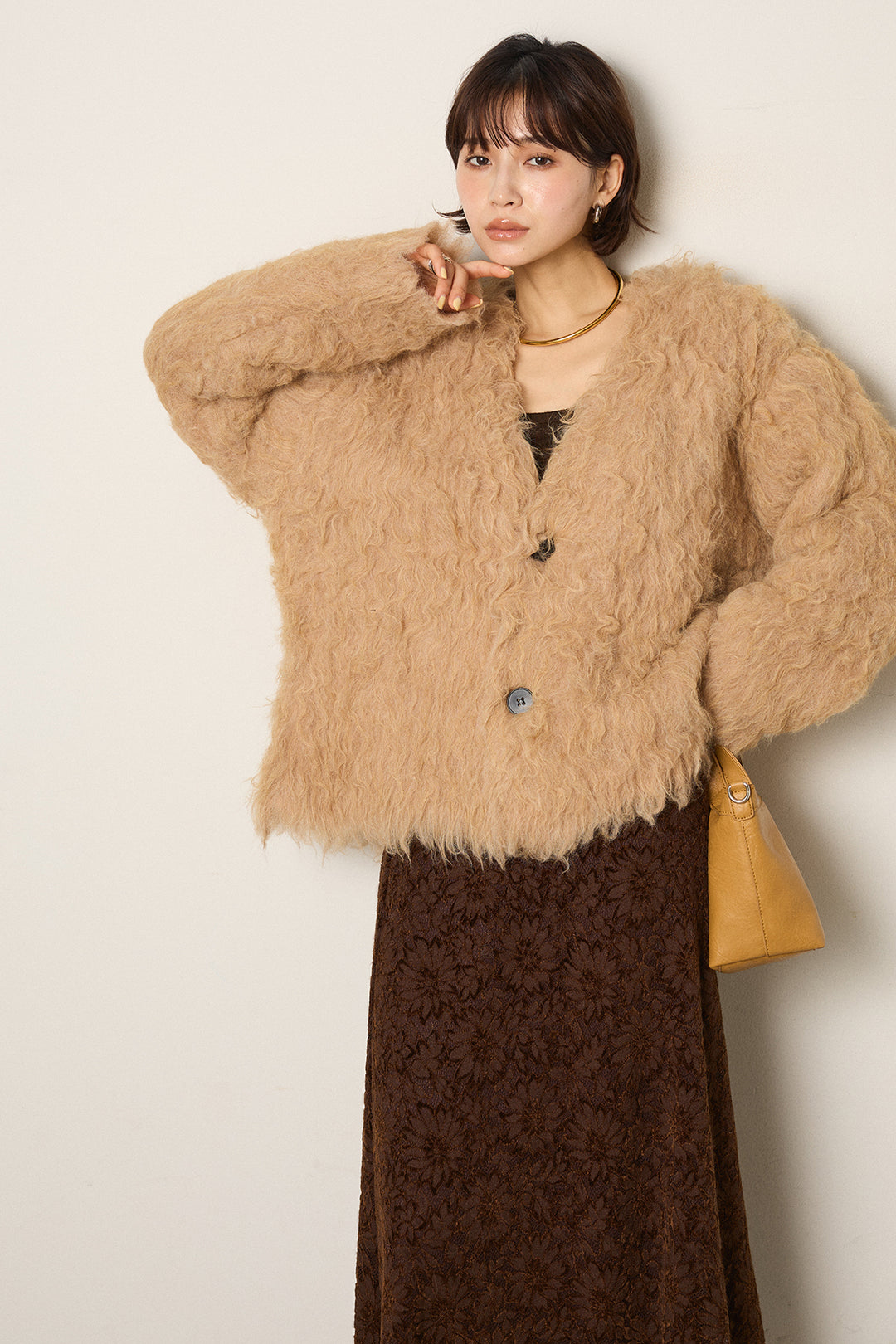 [SET]起毛シャギーニットカーディガン+花柄刺繍ベロアフレアスカート(2set)