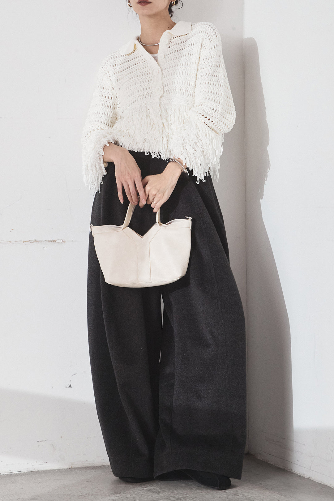[SET]メッシュフリンジカーディガン+ウールタッチカーブワイドパンツ(2set)