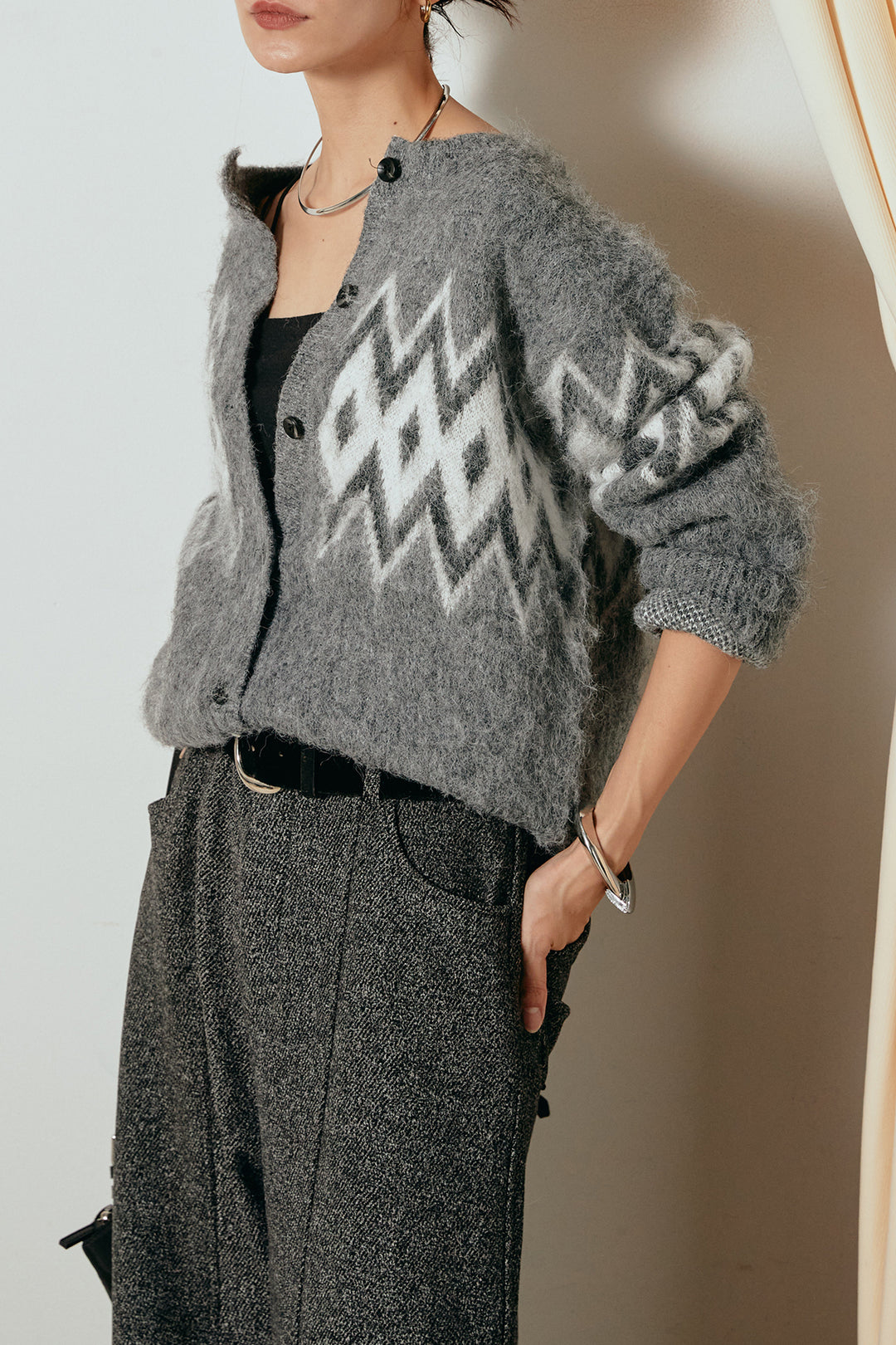 [SET]起毛ノルディック柄ニットカーディガン+太ベルト付きツイードワイドパンツ(2set)