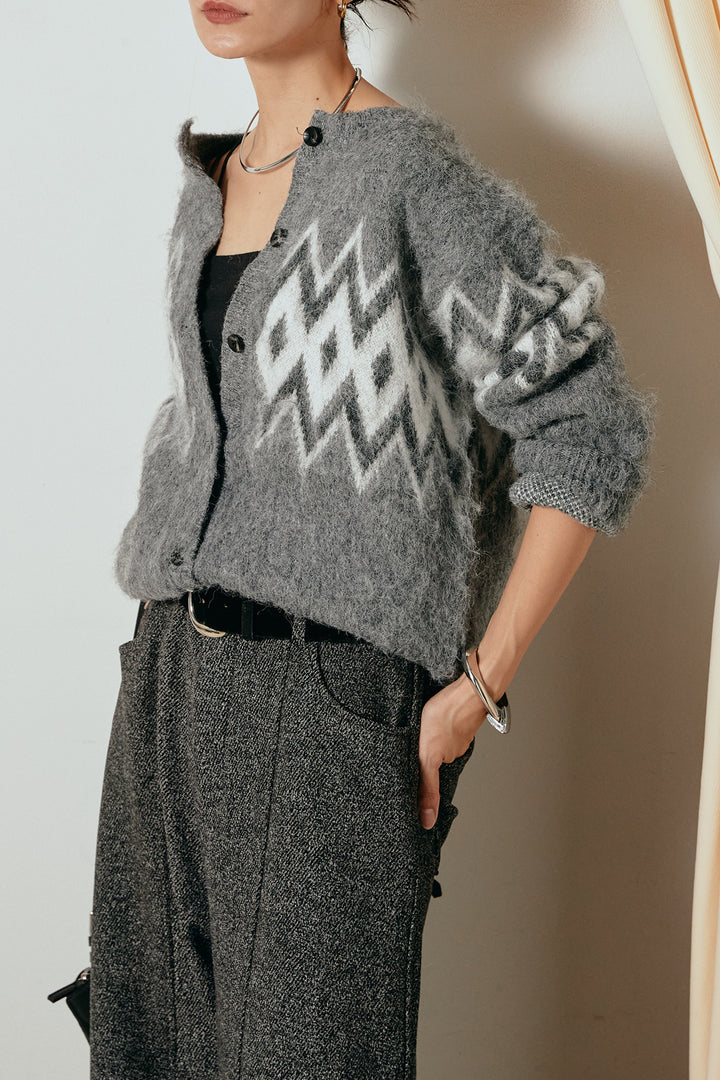 [SET]起毛ノルディック柄ニットカーディガン+太ベルト付きツイードワイドパンツ(2set)