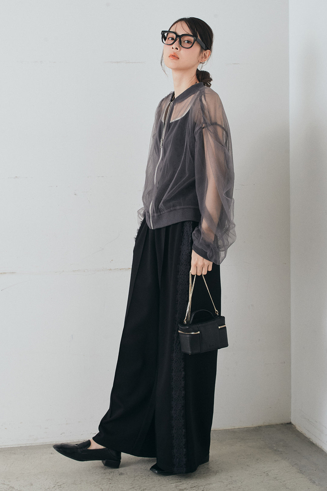 [SET]エアリーチュールスリーブシアーブルゾン+Wフェイスカットソーサイドレースラインパンツ(2set)