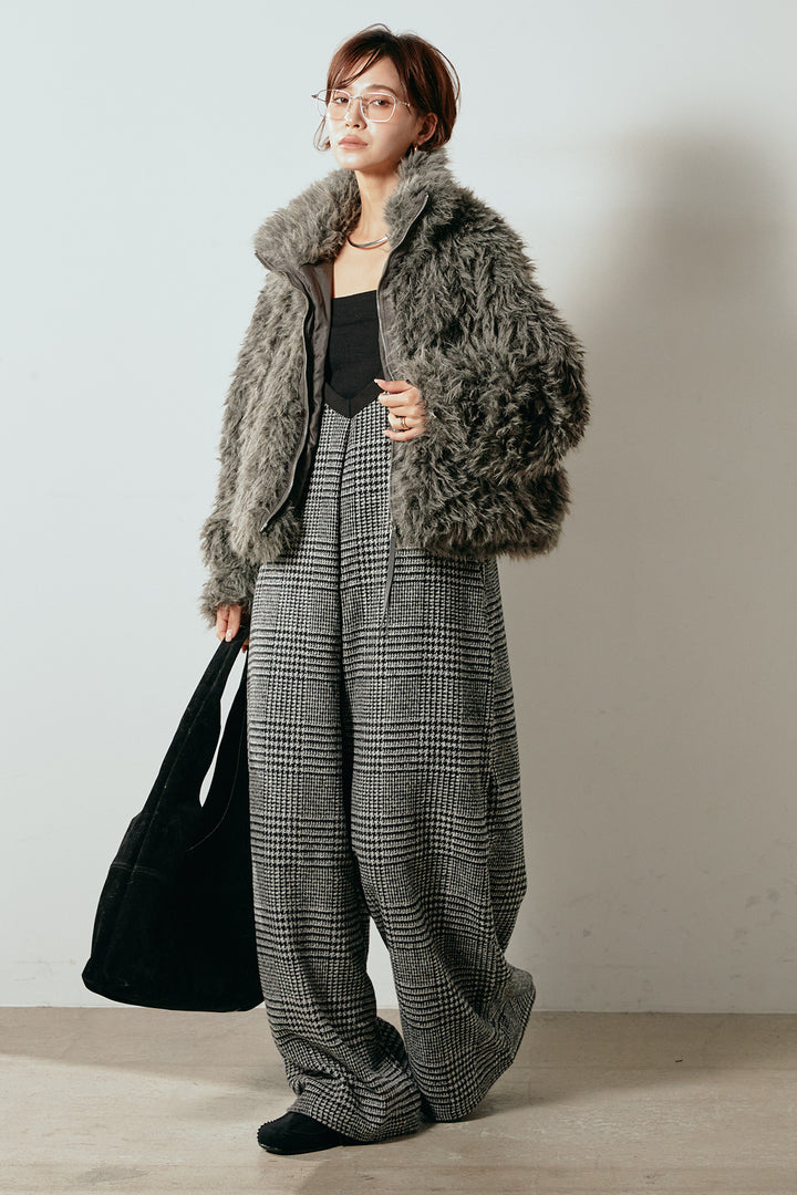 [SET]ミックスシープファースタンドブルゾン+前後2wayグレンチェック柄スカーチョサロペット(2set)