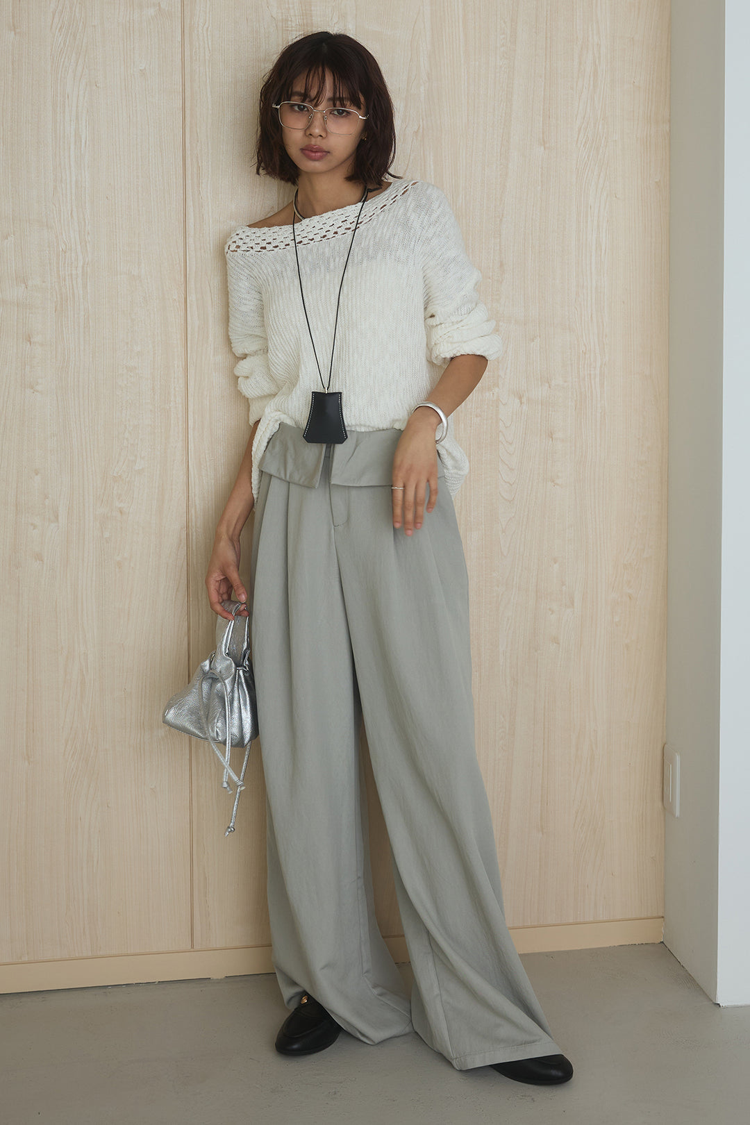 [SET]ネック編みデザインニットトップス+ウエスト折り返しワイドパンツ(2set)