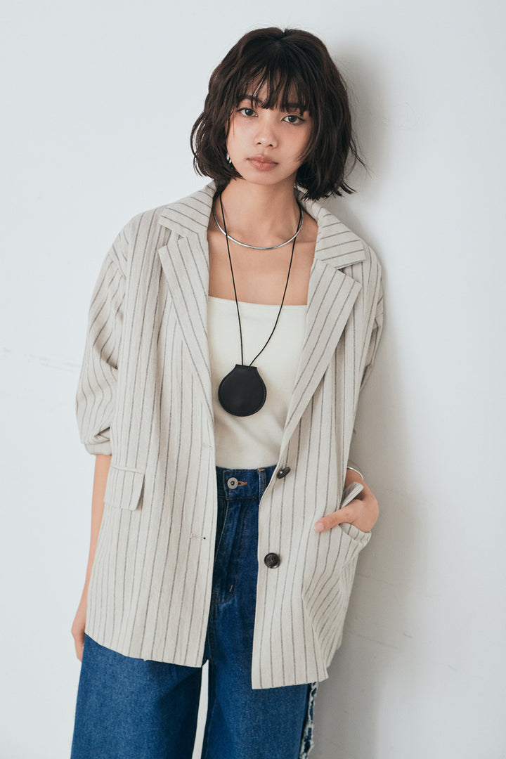 [SET]リネンライクストライプテーラードジャケット+デニムサイドフリルパンツ(2set)