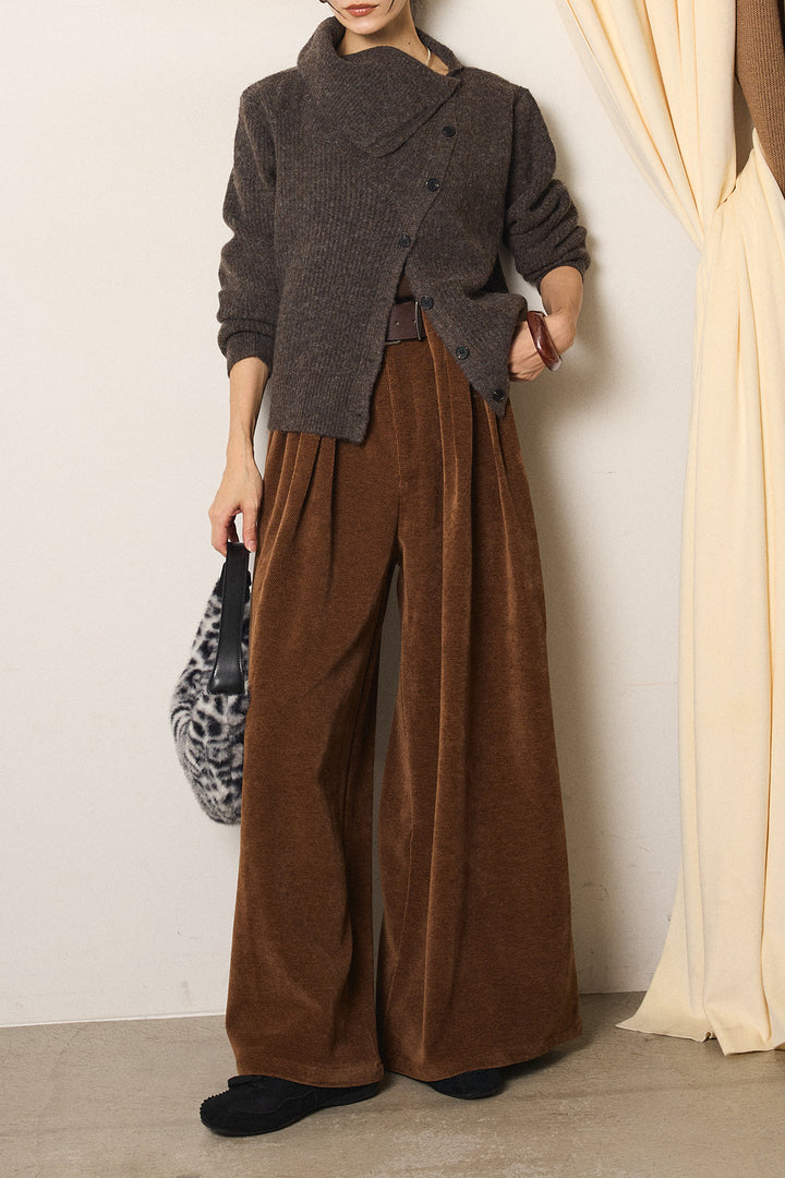 [SET]ボタンデザインネックニットプルオーバー+ベルトループコーデュロイワイドパンツ(2set)