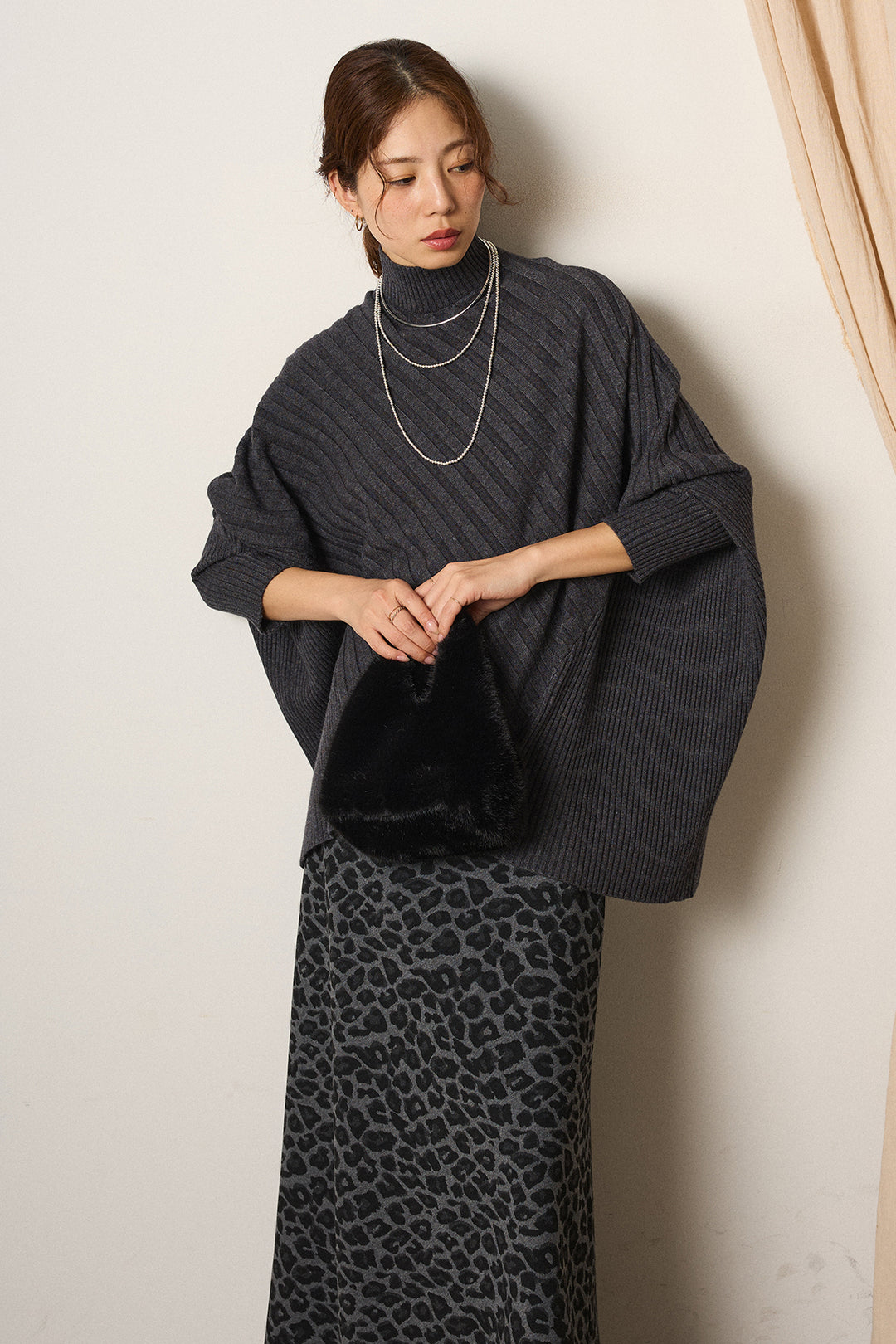 [SET]アシメデザインリブポンチョニットトップス+レオパードロングスカート(2set)