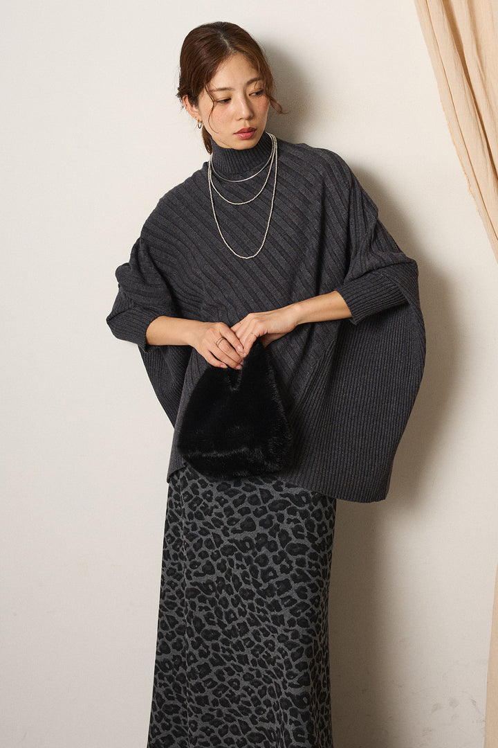 [SET]アシメデザインリブポンチョニットトップス+レオパードロングスカート(2set)
