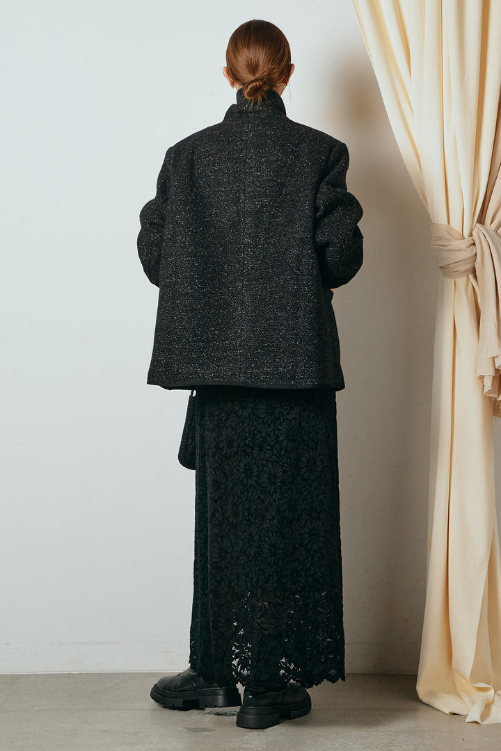 [SET]ノーカラーマフラーバッグ付きアウター+花柄刺繍ベロアフレアスカート(2set)