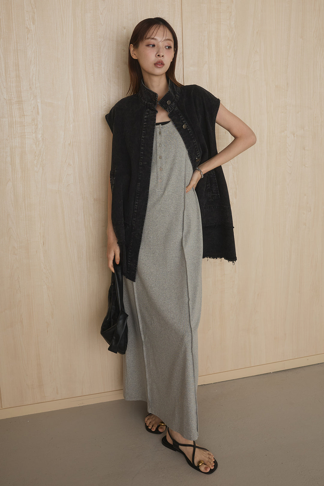 [SET]ケミカルデニムヘムカットオフジレ+ノースリロングワンピース(2set)