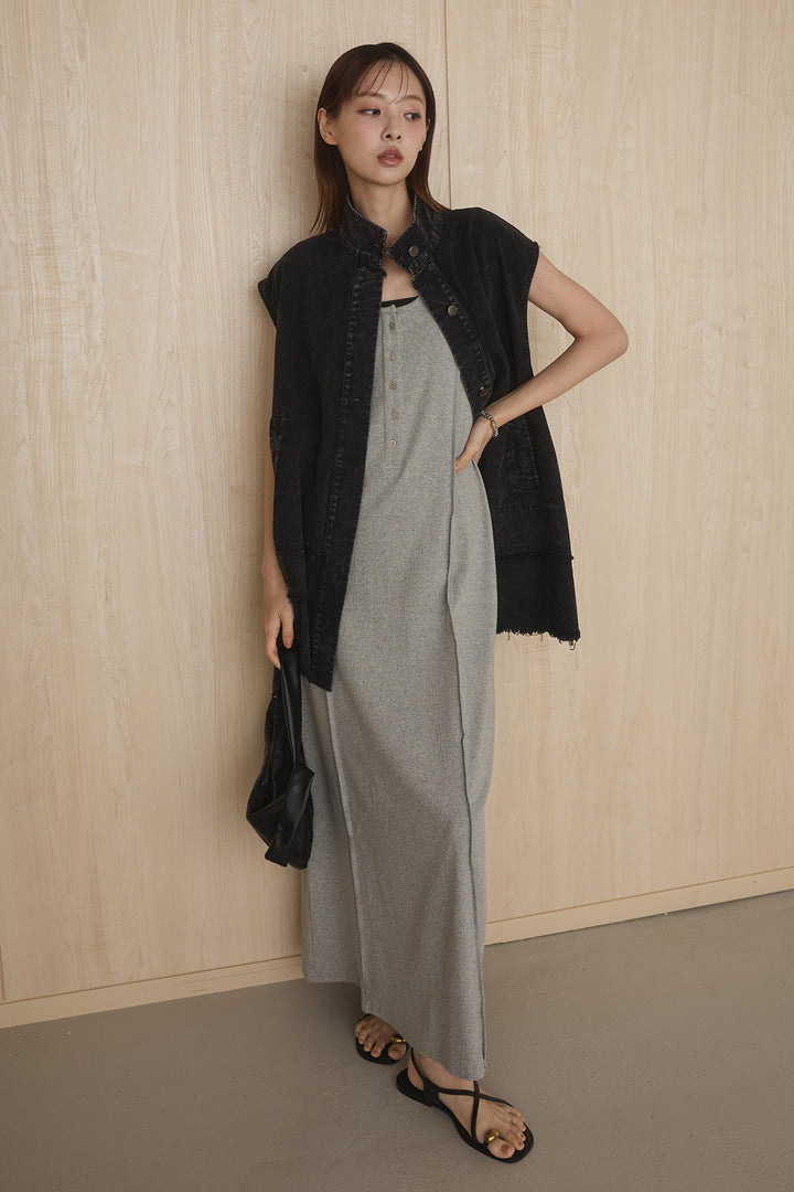 [SET]ケミカルデニムヘムカットオフジレ+ノースリロングワンピース(2set)