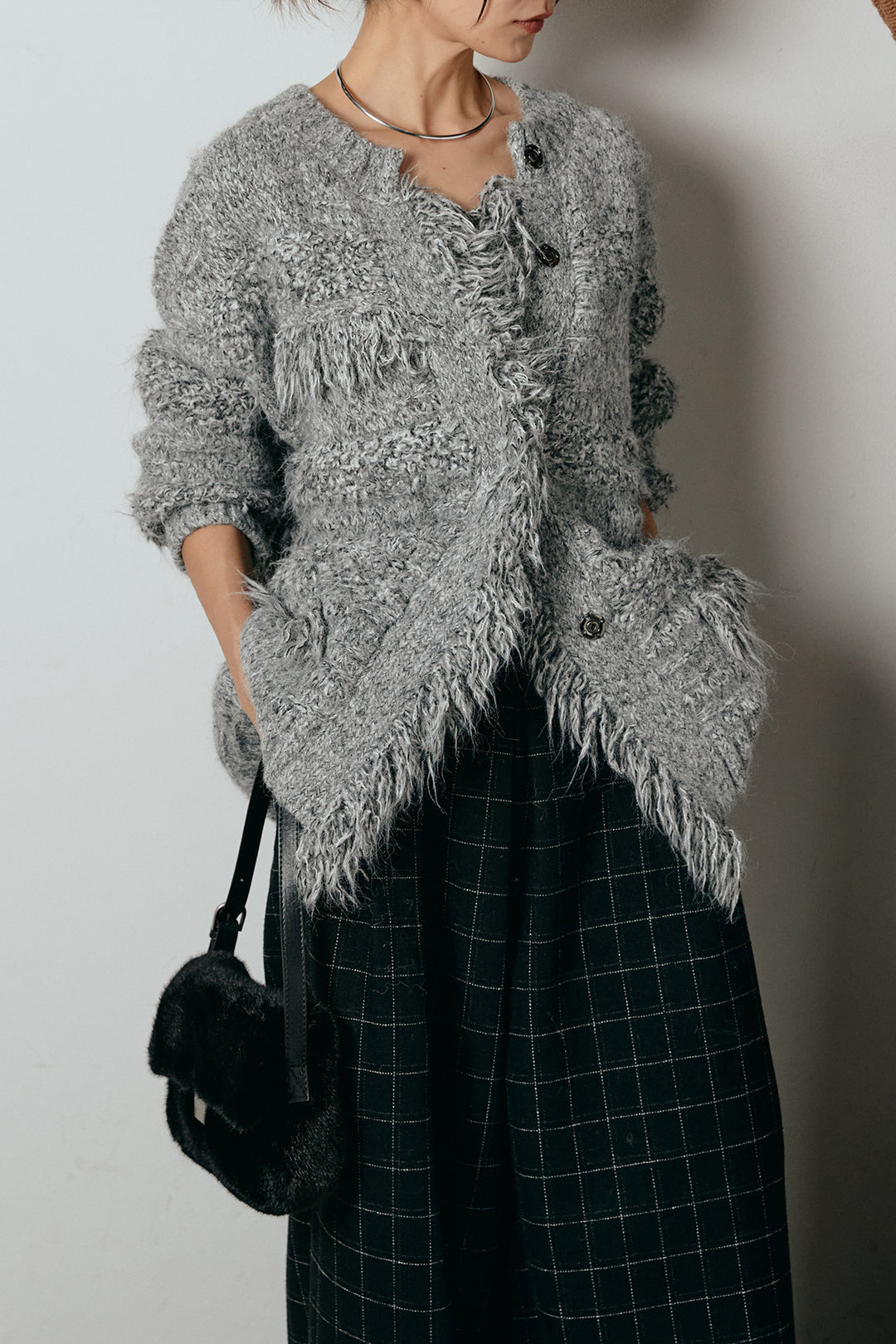 [SET]フリンジニットカーディガン+ウールライクチェックタックパンツ(2set)