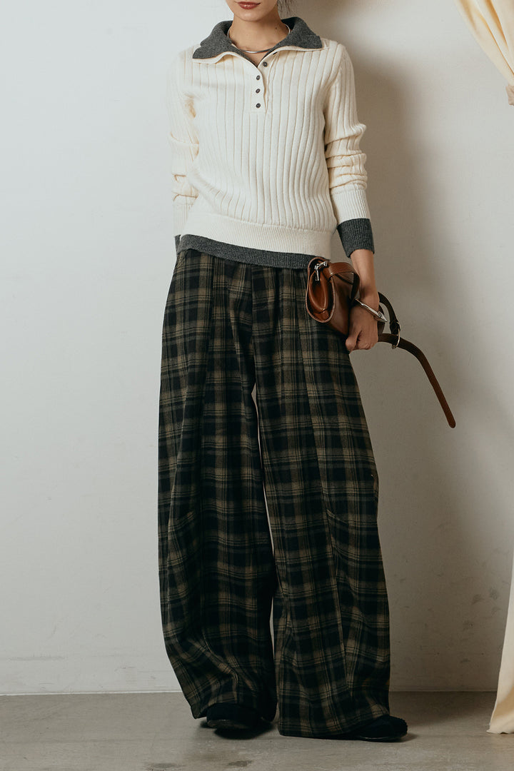 [SET]レイヤード風リブニットトップス+ベルト付きタータンチェックカーブワイドパンツ(2set)