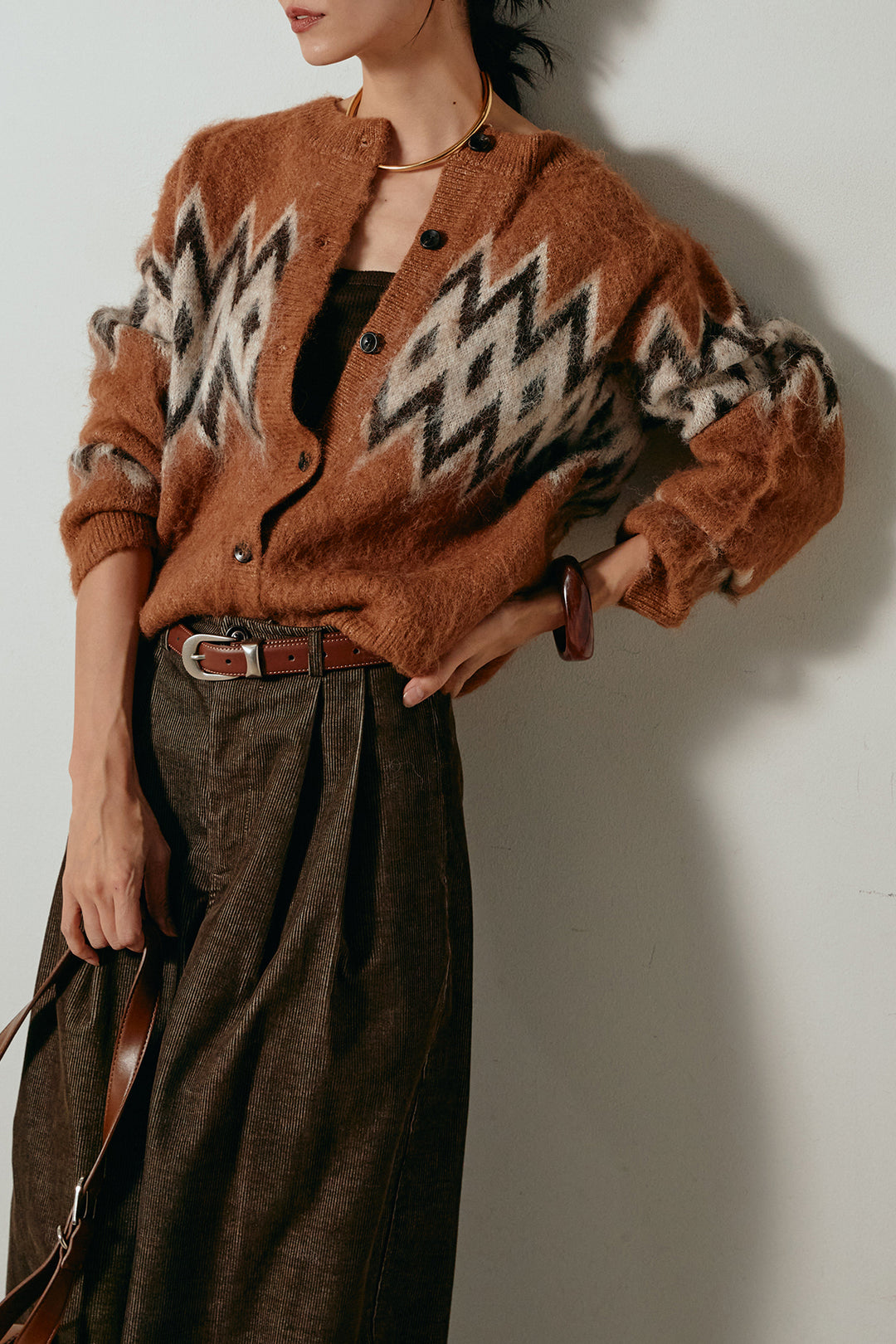 [SET]起毛ノルディック柄ニットカーディガン+フロントタック入りコーデュロイパンツ(2set)