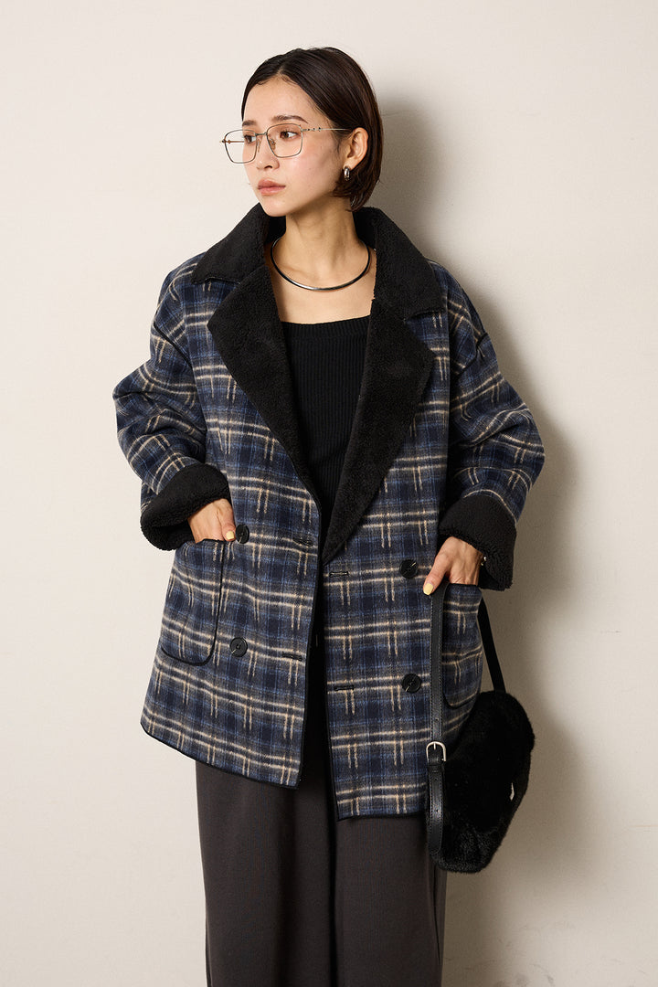 [SET]裏地ボアタータンチェック柄ミディアムコート+裏起毛スウェットワイドパンツ(2set)