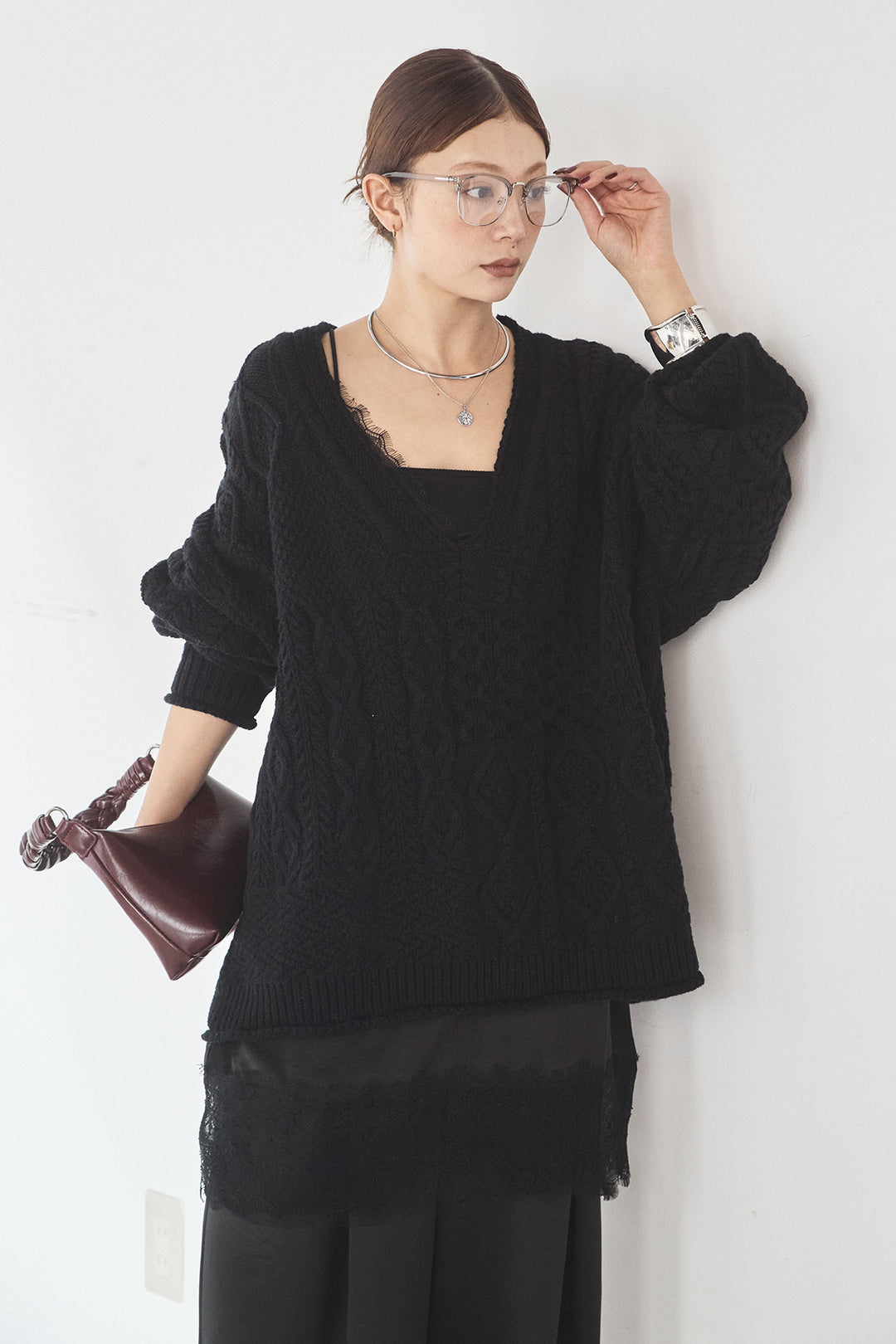 [SET]ケーブルVニットセーター+サテンタックワイドパンツ(2set)